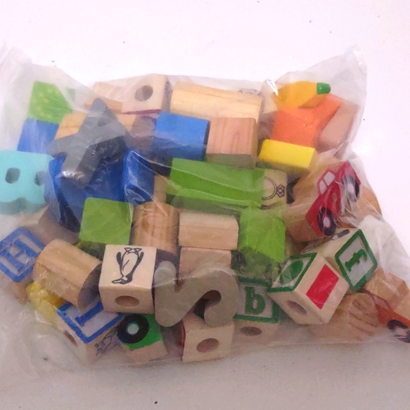 Bag of children's building blocks wooden blocks shapes letters sensory - Picture 1 of 6